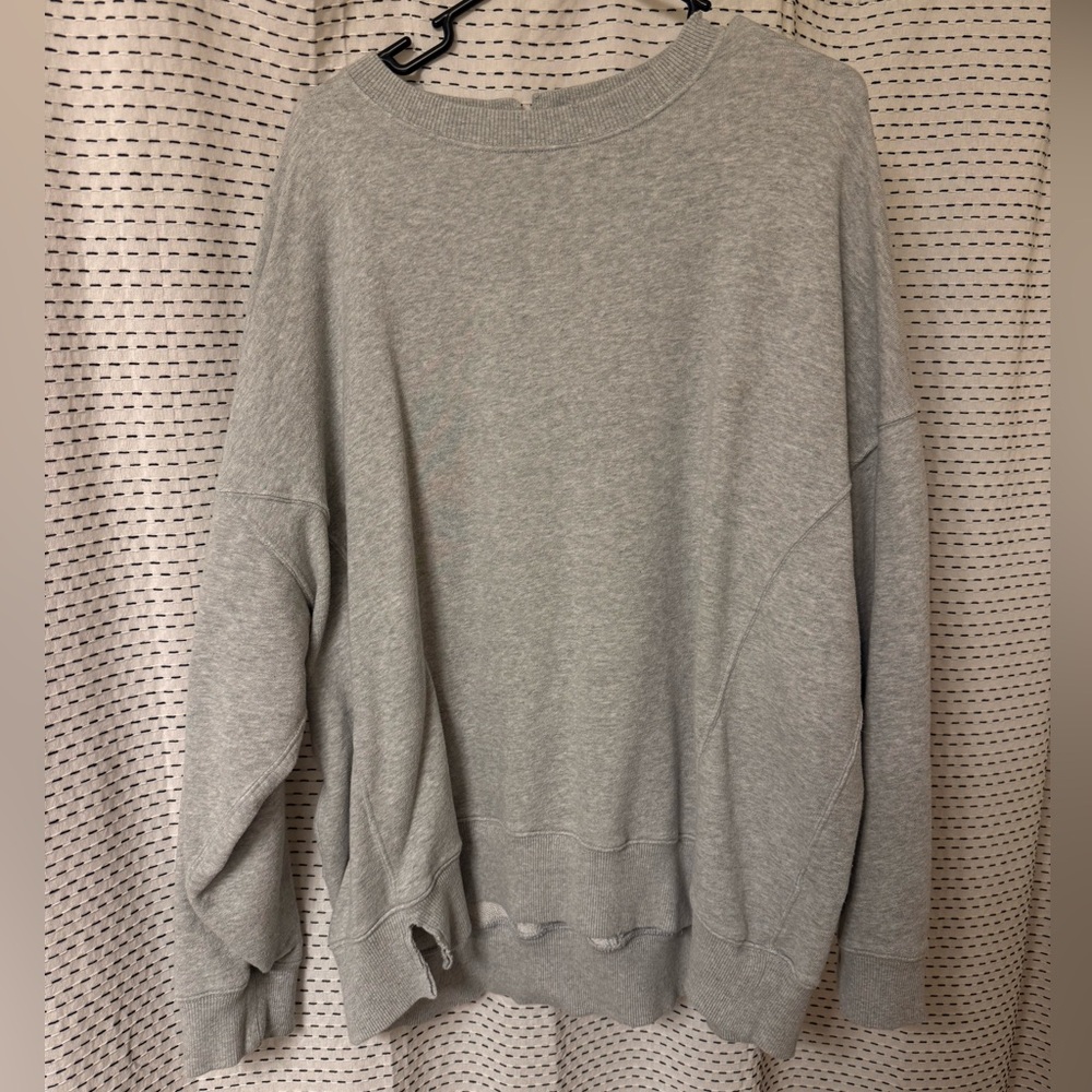 Aerie Oversized Distressed Crewneck Sweatshirt Light Gray
